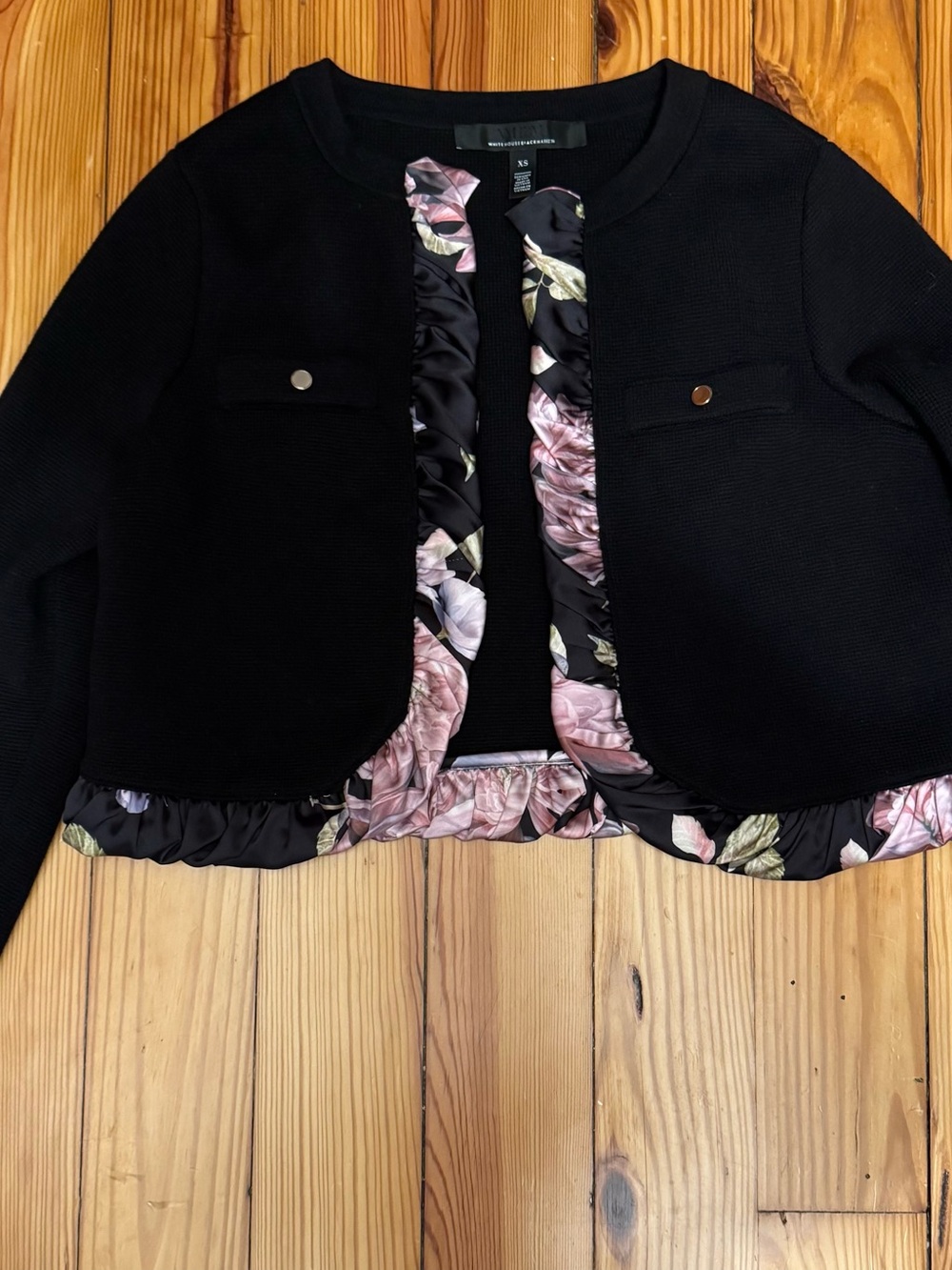 White House Black Market Black Cropped Jacket with Pink Floral Trim